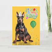Doberman Dog Party Hat Yellow Birthday Kaart (Voorkant)
