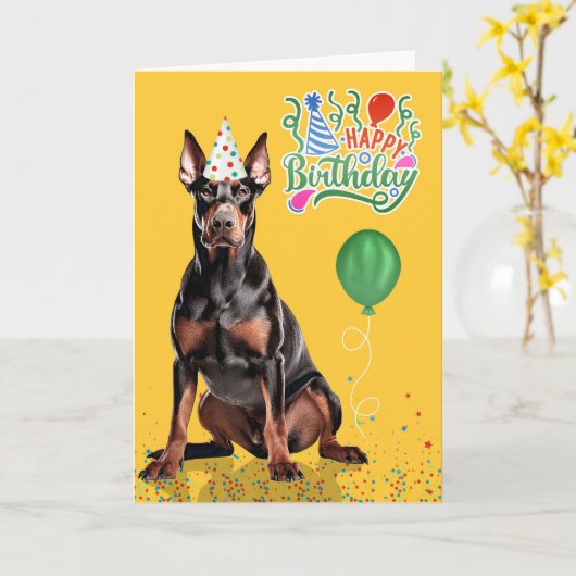 Doberman Dog Party Hat Yellow Birthday Kaart (Gele Bloem)