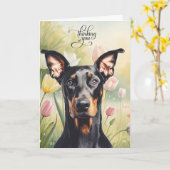 Doberman Dog Pastel Tulips Thinking of You Kaart (Gele Bloem)