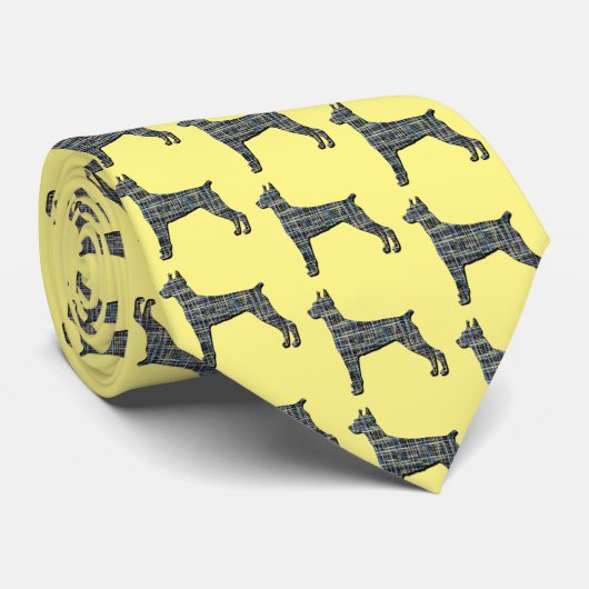 Doberman Dog Silhouette Yellow & Black Grid Yellow Stropdas (Opgerold)