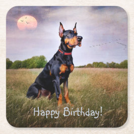 Doberman Happy Birthday Vierkante Kartonnen Onderzetter