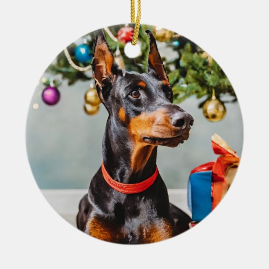Doberman Holiday Ornment Keramisch Ornament (Voorkant)