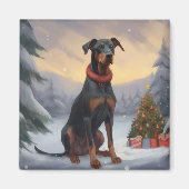 Doberman Hond in Sneeuw Kerstmis Magneet (Voorkant)