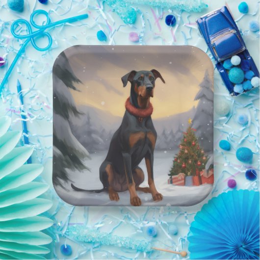 Doberman Hond in Sneeuw Kerstmis Papieren Bordje (Feest)