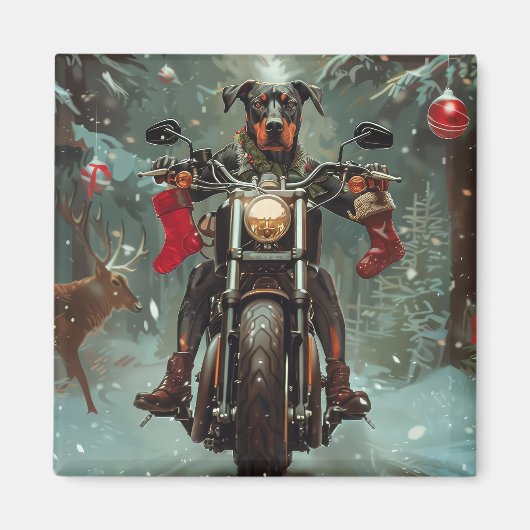 Doberman Hond Rijden Motorfiets Kerstmis Magneet (Voorkant)