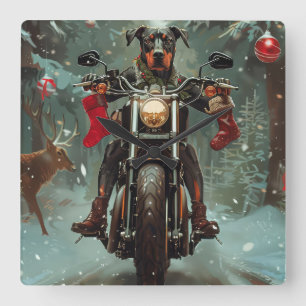 Doberman Hond Rijden Motorfiets Kerstmis Vierkante Klok