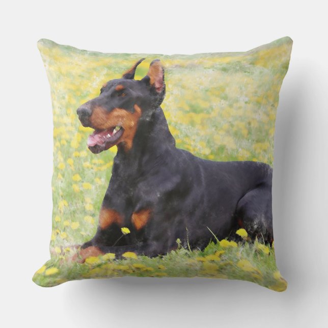 Doberman Hond zittend in tuin Waterverf Schilderen Kussen (Voorkant)