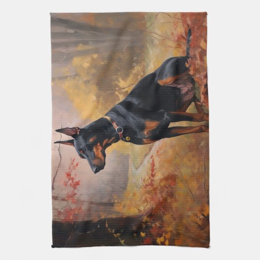 Doberman in de herfst laat Herfst inspireren Theedoek (Verticaal)