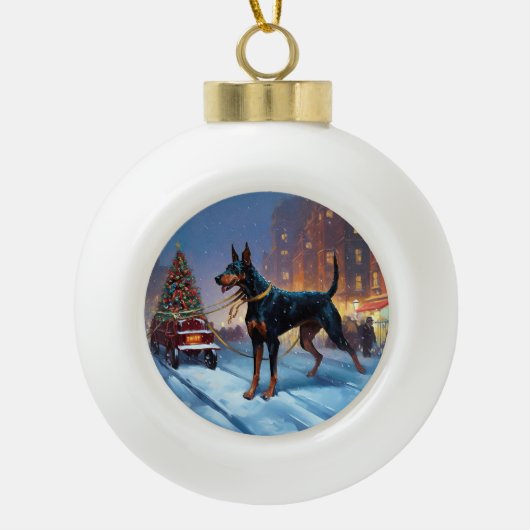 Doberman Kerst Feestelijk Seizoen Keramische Bal Ornament (Voorkant)