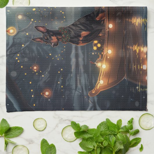 Doberman Kerstfeest reis Theedoek (Gevouwen)