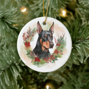 Doberman Kerstkrans feestelijke pup Keramisch Ornament
