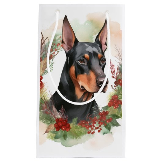 Doberman Kerstkrans feestelijke pup Klein Cadeauzakje (Voorkant)