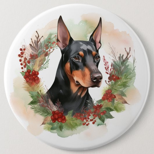 Doberman Kerstkrans feestelijke pup Ronde Button 6,0 Cm (Voorkant)