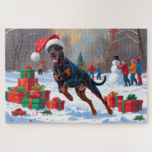 Doberman loopt in de sneeuw met kerst Pet Legpuzzel (Horizontaal)