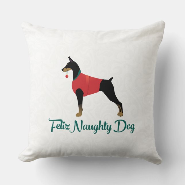 Doberman Pinscher Feliz Naughty Dog Kerstmis Kussen (Voorkant)
