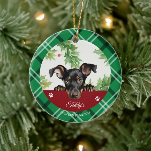 Doberman Pinscher gepersonaliseerd Eerste Kerstmis Keramisch Ornament (Boom)
