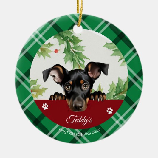 Doberman Pinscher gepersonaliseerd Eerste Kerstmis Keramisch Ornament (Voorkant)