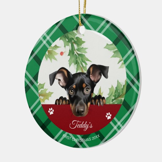 Doberman Pinscher gepersonaliseerd Eerste Kerstmis Keramisch Ornament (Links)
