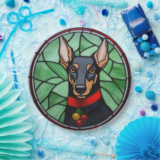 Doberman Pinscher Glas in lood Kerstmis Papieren Bordje (Feest)