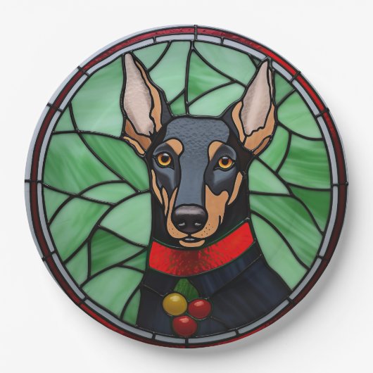 Doberman Pinscher Glas in lood Kerstmis Papieren Bordje (Voorkant)