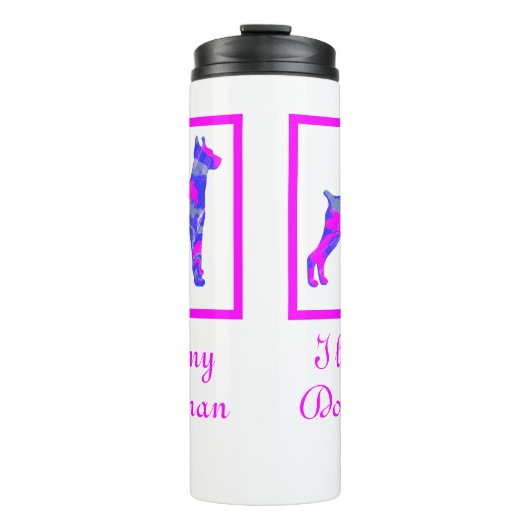 Doberman Pinscher Hond Heet Roze & Blauw Silhouet Thermosbeker (Voorkant)