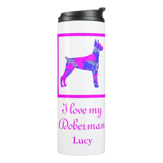 Doberman Pinscher Hond Heet Roze & Blauw Silhouet Thermosbeker (Gedraaid links)