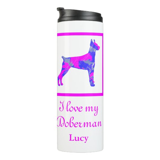 Doberman Pinscher Hond Heet Roze & Blauw Silhouet Thermosbeker (Geroteerd rechts)