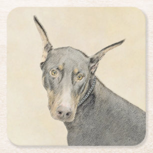 Doberman Pinscher Painting - Originele Dog Art Vierkante Kartonnen Onderzetter