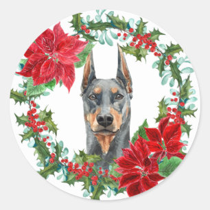 Doberman Pinscher Poinsettia Holly Holiday Wreath Ronde Sticker