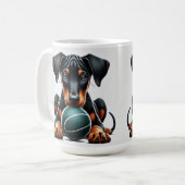 Doberman Pinscher Puppy houdt een bal vast Koffiemok (Voorkant links)