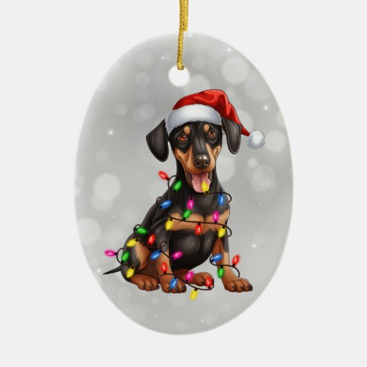 Doberman Pinscher Puppy in kerstverlichting Keramisch Ornament (Voorkant)