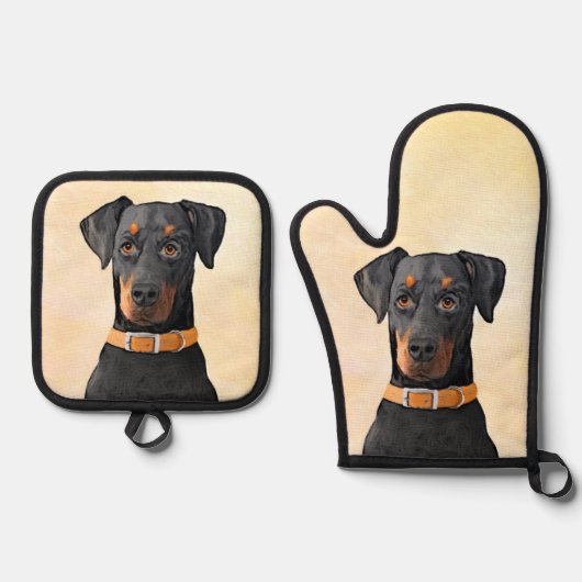 Doberman Pinscher Schilderij Dobie Uncropped Dog A Ovenwant & Pannenlap Set (Voorkant)