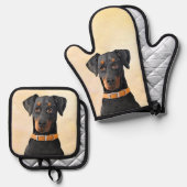 Doberman Pinscher Schilderij Dobie Uncropped Dog A Ovenwant & Pannenlap Set (Voorkant / Achterkant)