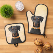 Doberman Pinscher Schilderij Dobie Uncropped Dog A Ovenwant & Pannenlap Set (Top down)