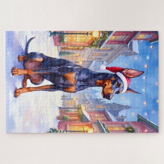 Doberman Pinscher Snowy Village Santa Hat Christma Legpuzzel (Horizontaal)