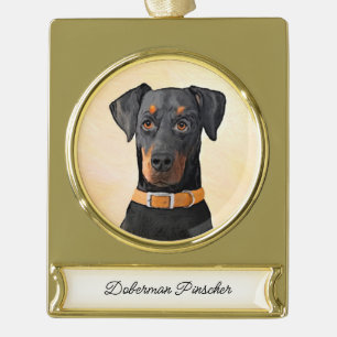 Doberman Pinscher Uncropped schilderij originele k Verguld Banner Ornament