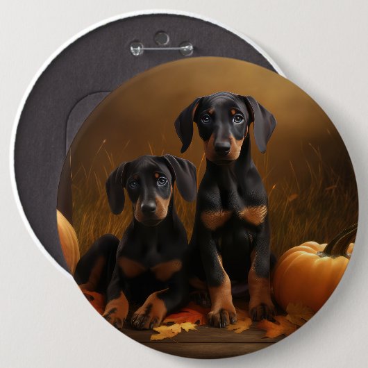 Doberman Puppy Herfst Delight Pompoen Ronde Button 6,0 Cm (Voorkant /achterkant)