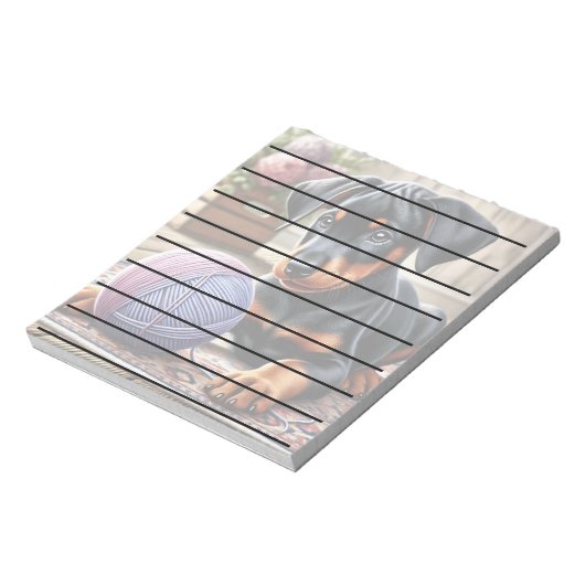 Doberman puppy met garenbal op een kleurrijk tapij notitieblok (Gedraaid)