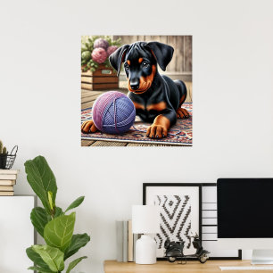 Doberman puppy met garenbal op een kleurrijk tapij poster