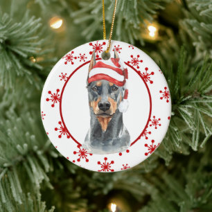 Doberman Santa Hat Red Snowflake Sjabloon Keramisch Ornament