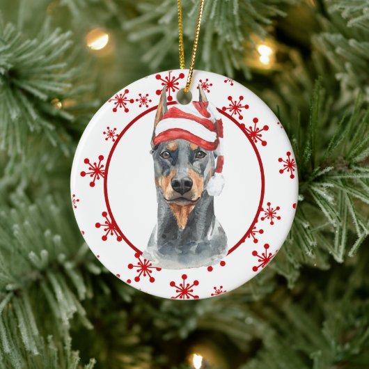 Doberman Santa Hat Red Snowflake Sjabloon Keramisch Ornament (Boom)