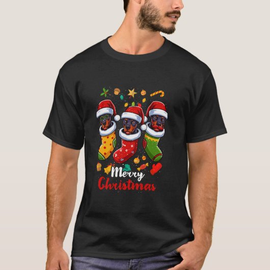 Doberman Sinterklaas Kerstmis Kous Hond Merry T-shirt (Voorkant)
