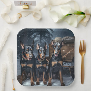 Doberman Snowy Sleigh Kerstdecoratie Papieren Bordje