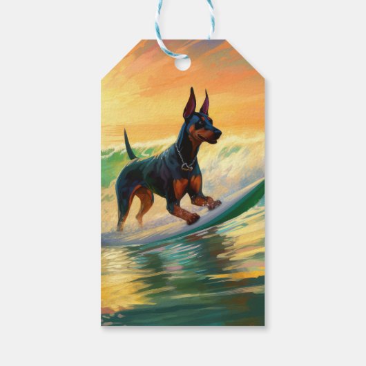 Doberman strand surfen schilderij cadeaulabel (Achterkant)