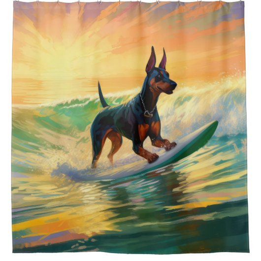 Doberman strand surfen schilderij douchegordijn (Voorkant)