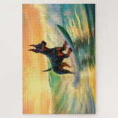Doberman strand surfen schilderij legpuzzel (Verticaal)