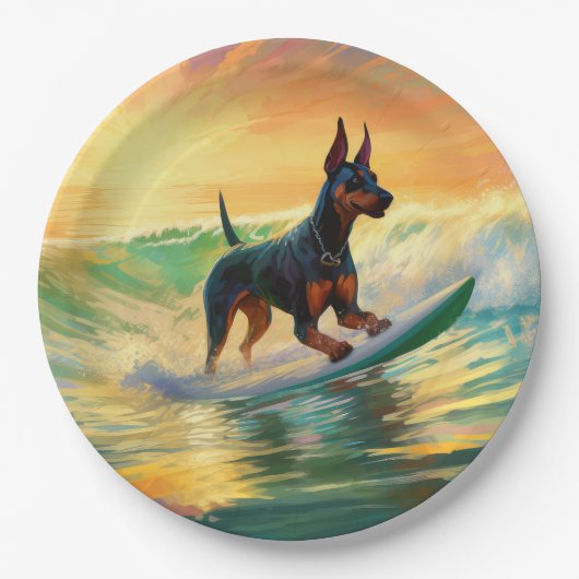 Doberman strand surfen schilderij papieren bordje (Voorkant)