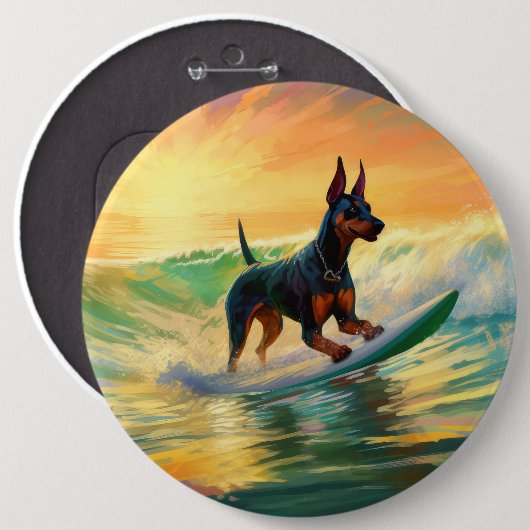 Doberman strand surfen schilderij ronde button 6,0 cm (Voorkant /achterkant)