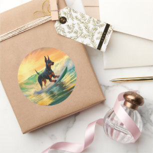 Doberman strand surfen schilderij ronde sticker
