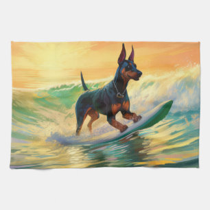 Doberman strand surfen schilderij theedoek